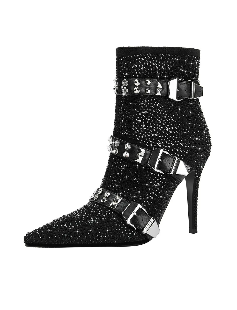 Black High Heel Pointed Toes Luxury Flower Bling Rhinestone Bootie Shoes