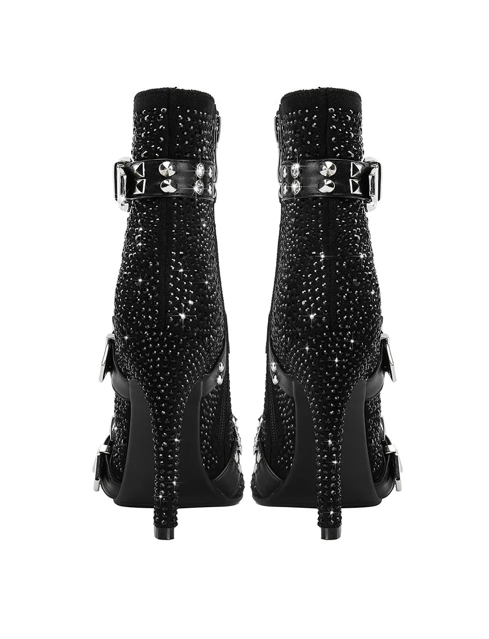 Black High Heel Pointed Toes Luxury Flower Bling Rhinestone Bootie Shoes
