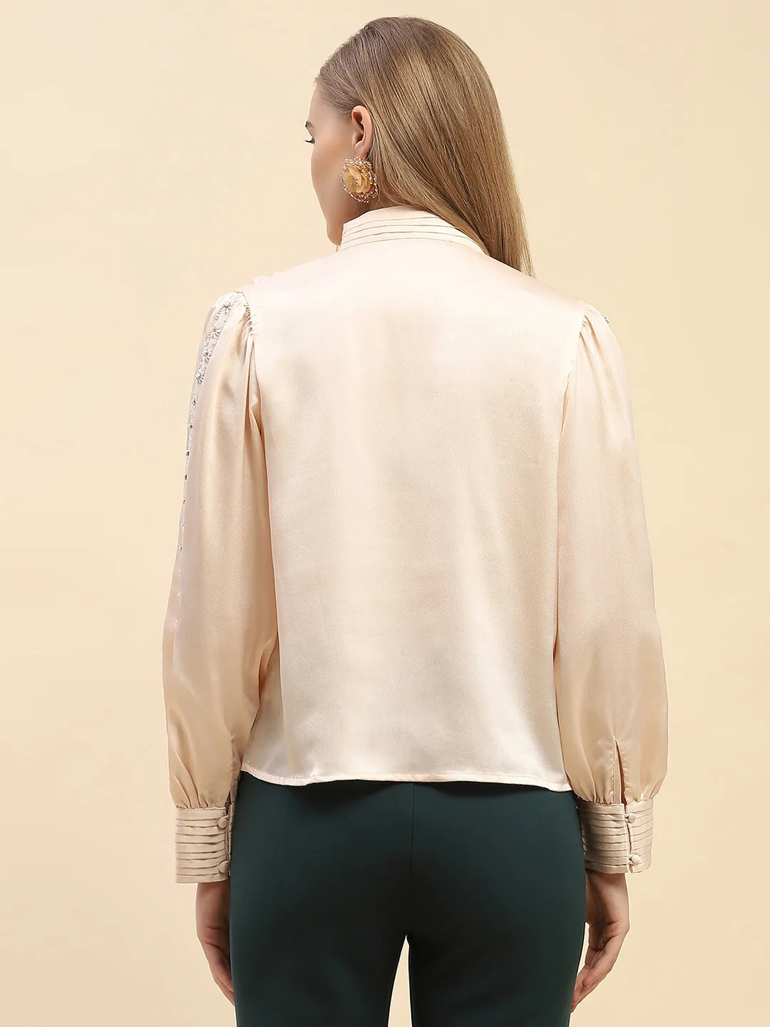 Camla Barcelona Embellished Beige Satin Top