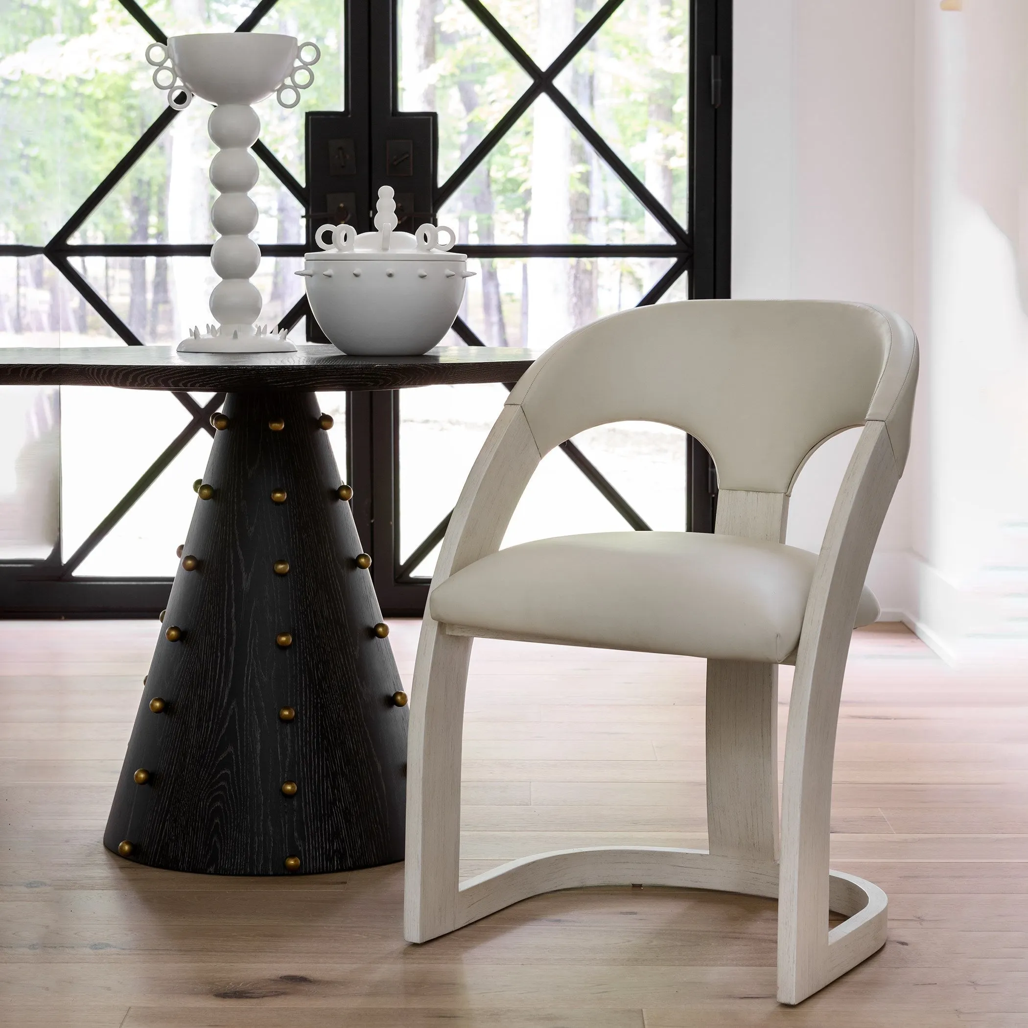 Delia Bar Stool - Ebony Cerused - Graphite Leather