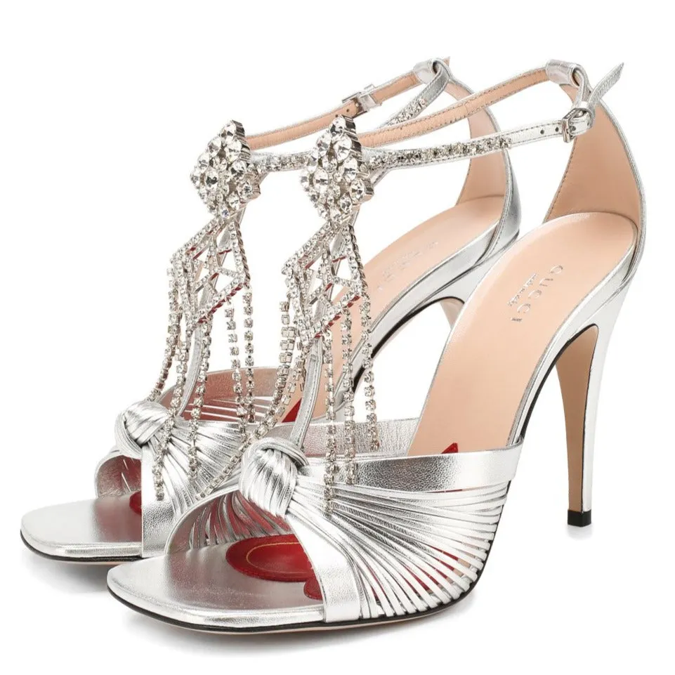 Gucci Napa Silk Crystal Crawford Strap Sandal in Silver