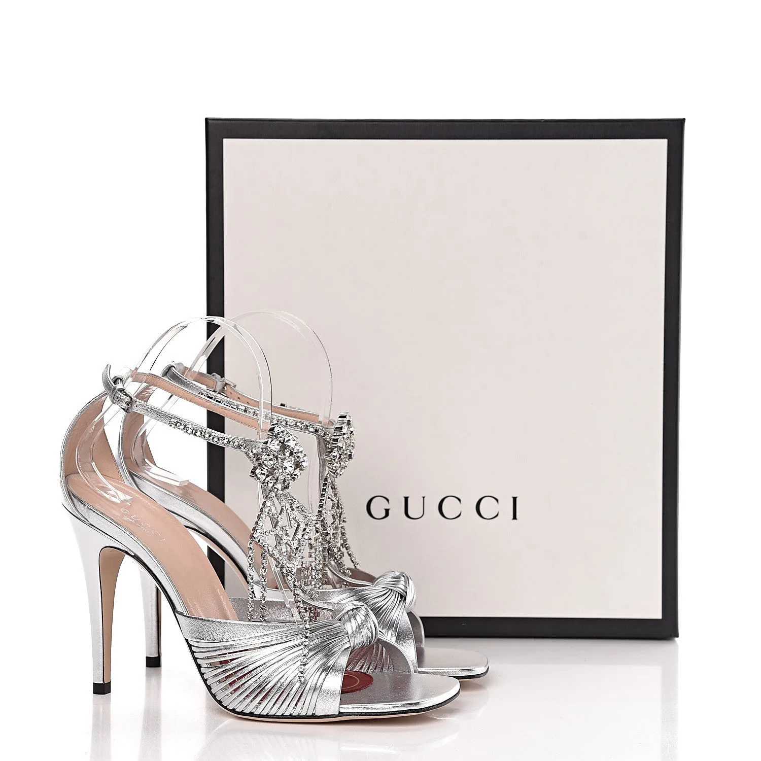 Gucci Napa Silk Crystal Crawford Strap Sandal in Silver
