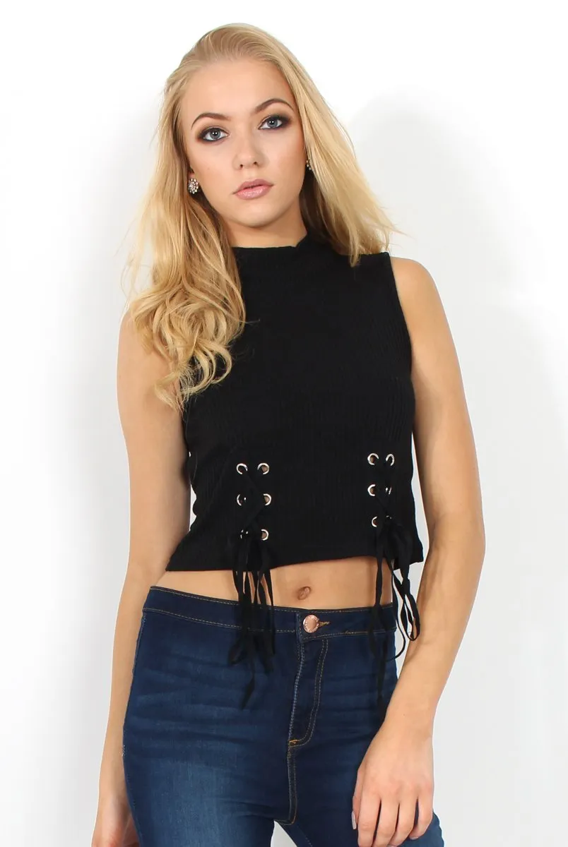 Keelly Black High Neck Tie Up Top