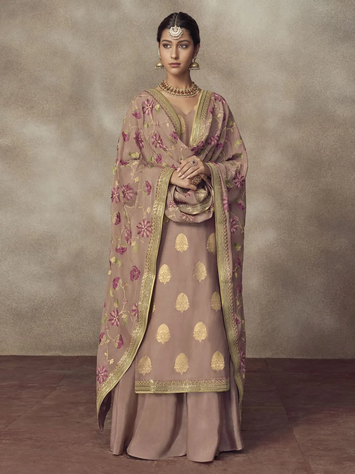 Mauve Golden Embroidered Designer Silk Palazzo Suit