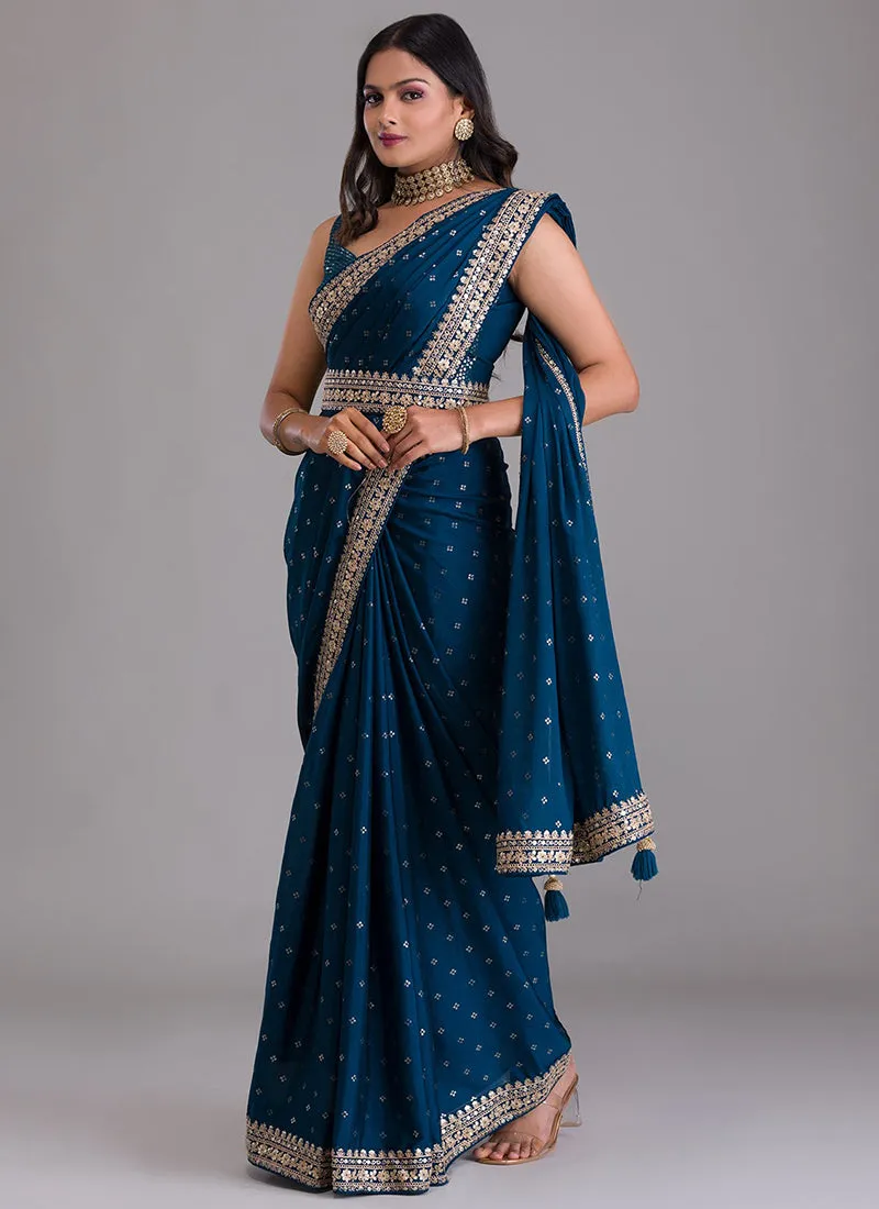 Royal Blue Sequence Embroidery Silk Saree With Belt