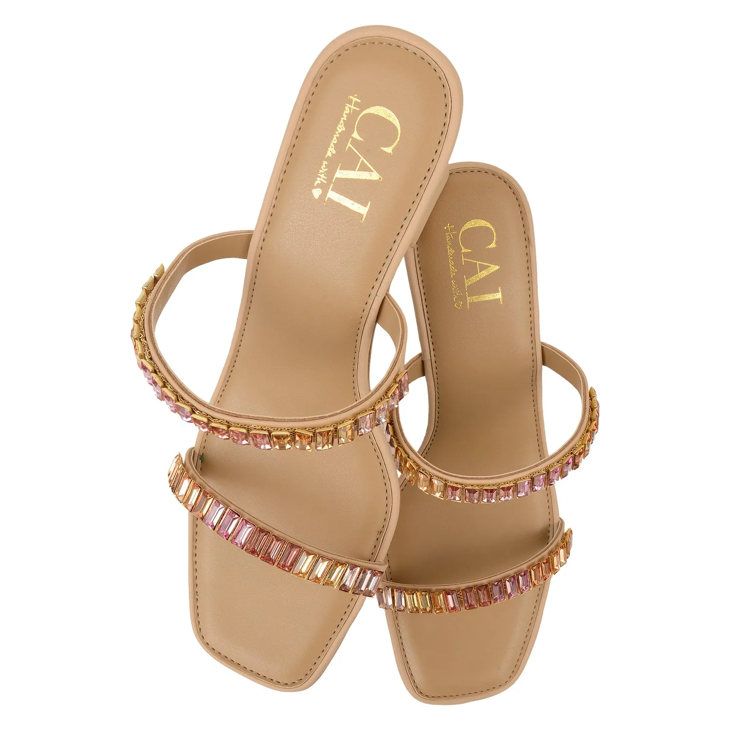 Two Strap Beige Embellished Heel