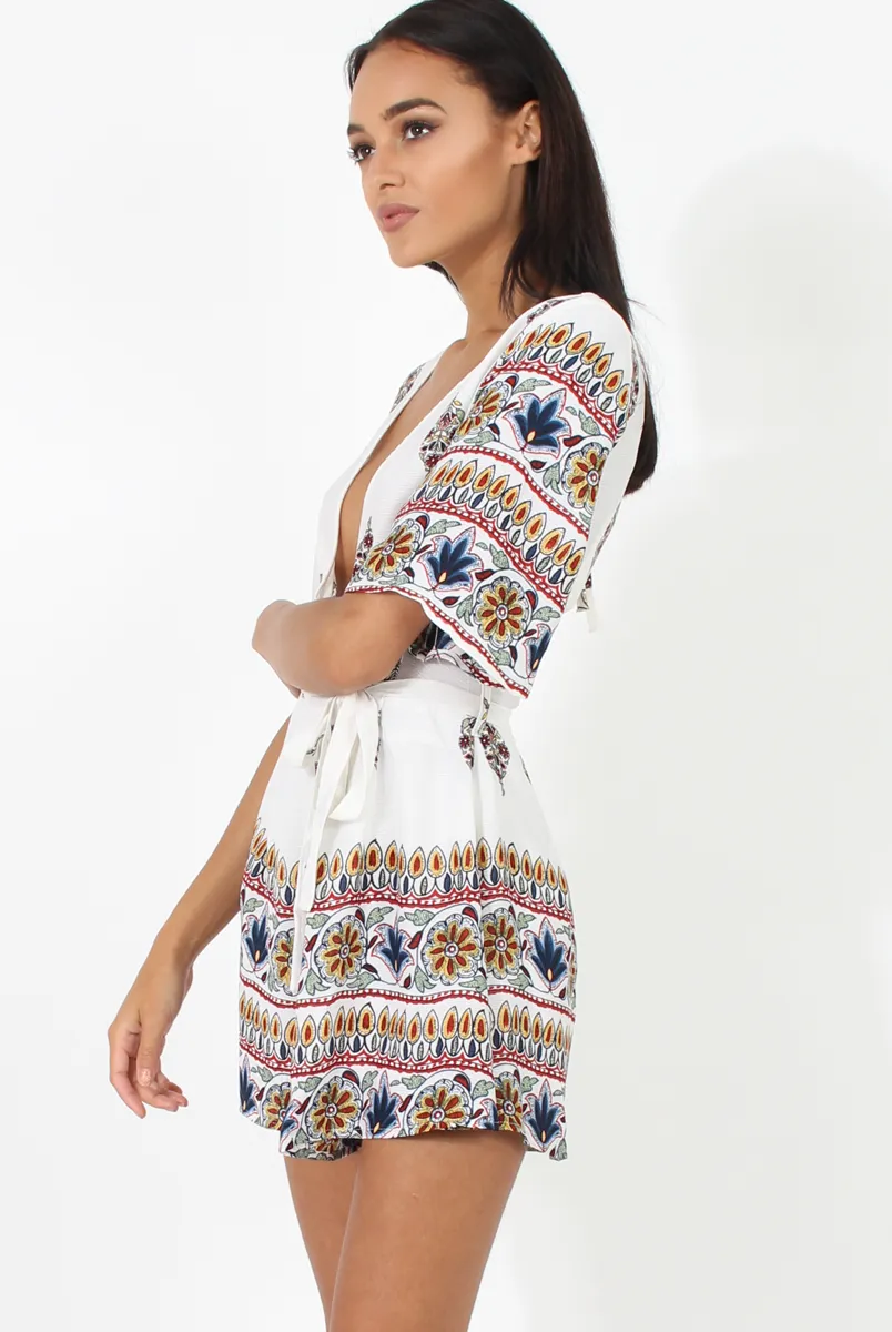 White Floral Border Print Playsuit - Shauna